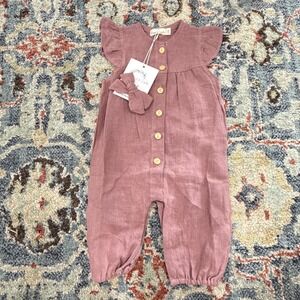 Olive & Cradle Linen Romper Girls 0-3M Mauve Ruffle Boho Cottagecore NWT